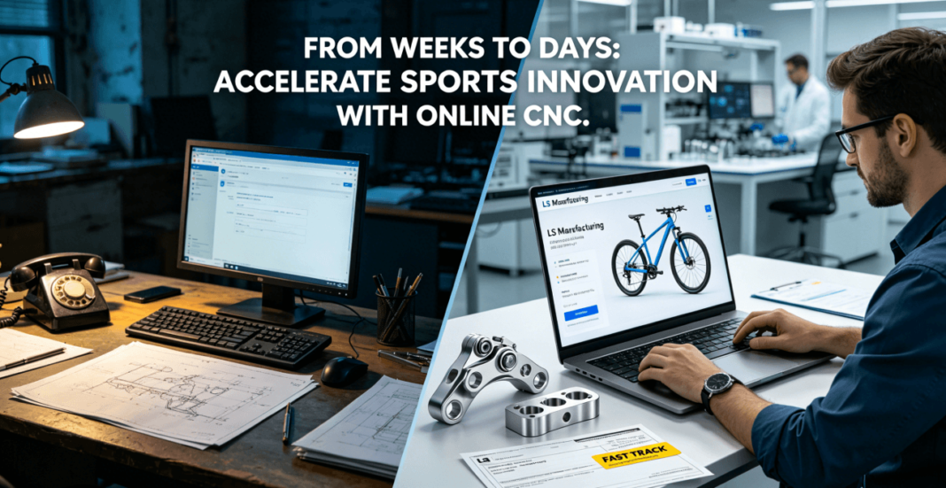 A split-screen comparison showing traditional vs. digital manufacturing for sports equipment, featuring a 3D model of a bike part and the LS Manufacturing online platform interface, highlighting fast turnaround from design to part.