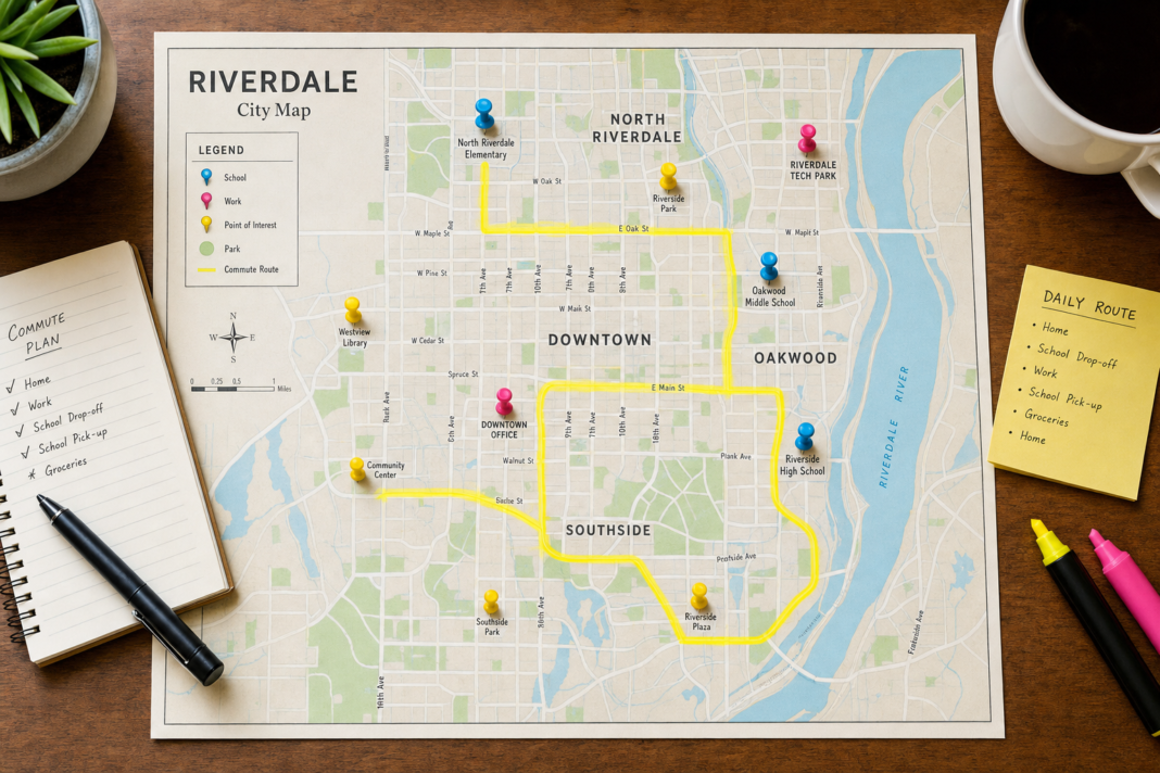 8 Easy Sign Secrets To Pack The Stands Riverdale city map with commute plan and daily route.