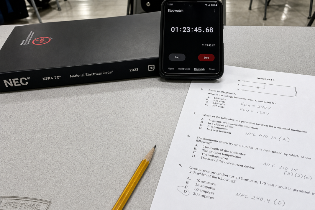 6 Simple Habits To Pass NEC Exams Textbook, stopwatch, and test paper on desk.